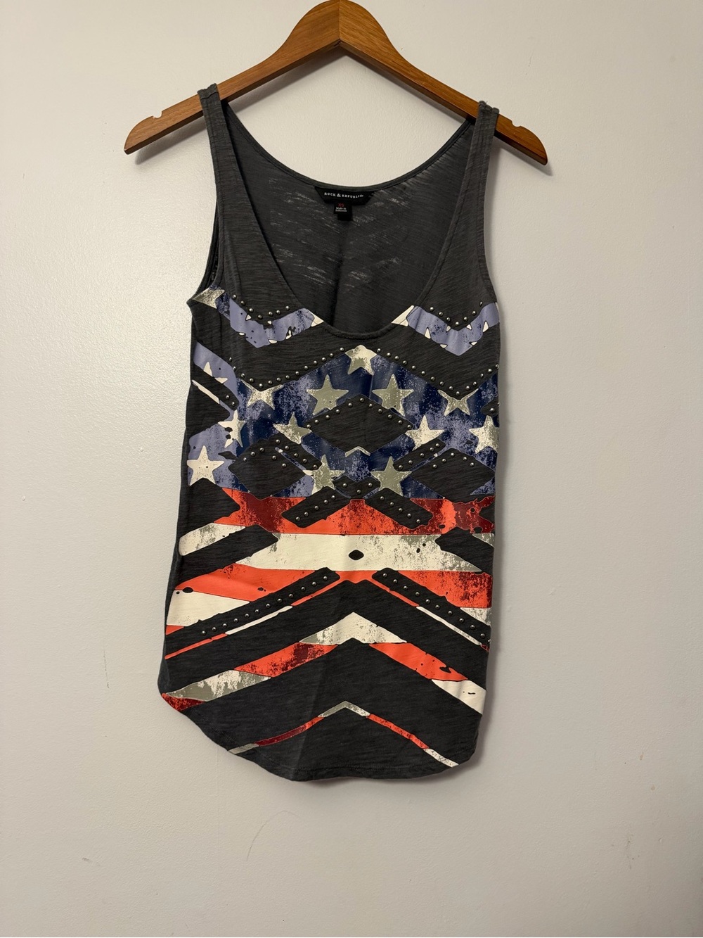 Rock & Republic Dark Gray Tank with Red, White & Blue Graphic